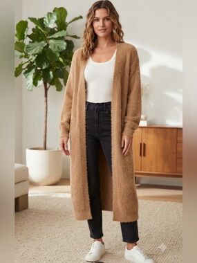 SHEIN Camel Cozy Fuzzy Open Front Long Cardigan Sweater Small Polyamide &Acrylic